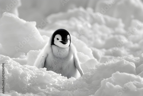 An adorable emperor penguin chick stands alone on the vast icy landscape, exuding curiosity and vulnerability. © TEERAWAT