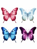 Four vibrant butterflies in different colors, including blue, red, green, and yellow, displayed on a clean white background.