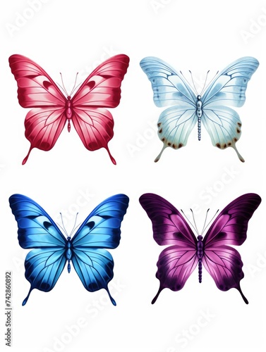 Four vibrant butterflies in different colors, including blue, red, green, and yellow, displayed on a clean white background. © pham