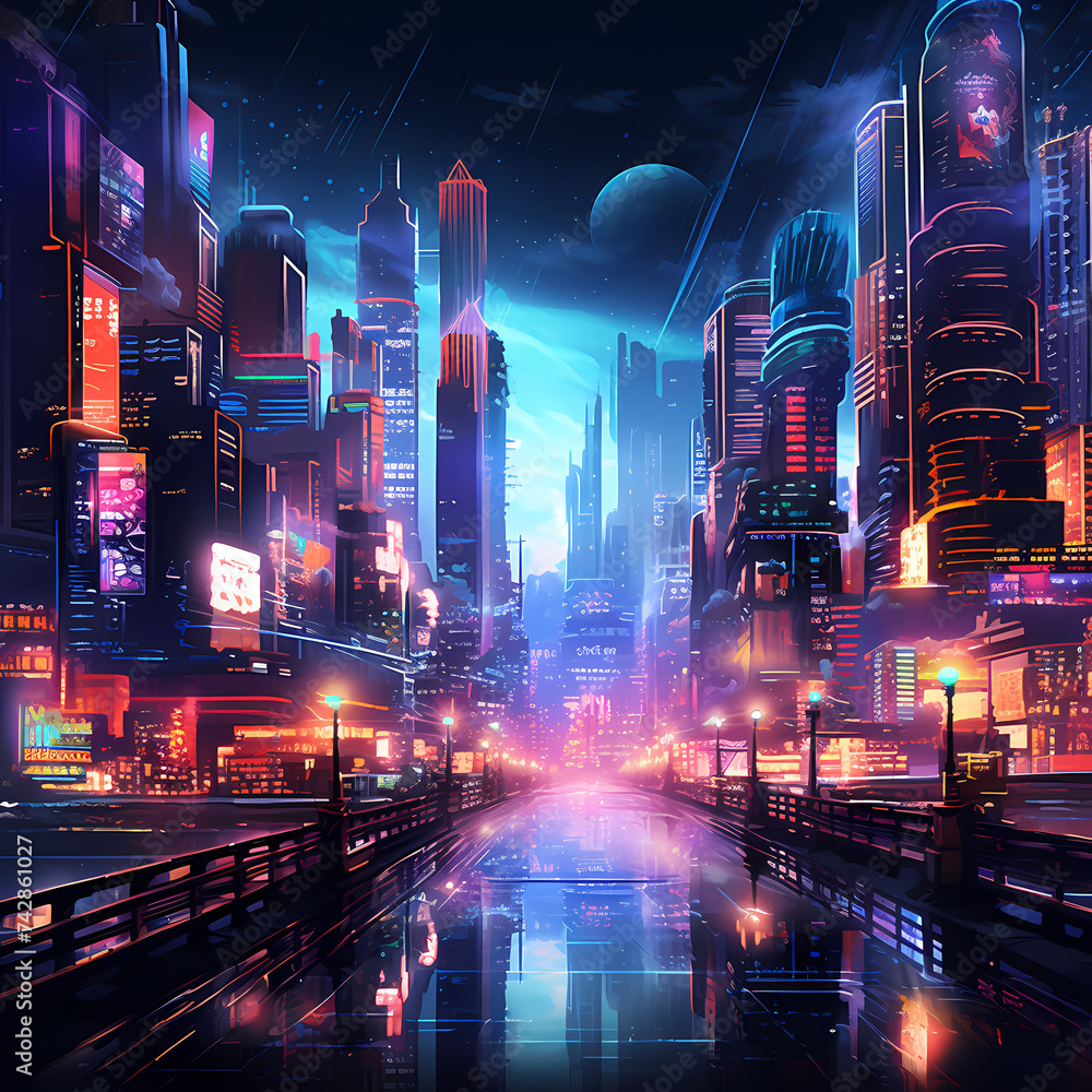 A futuristic cityscape at night with neon lights. 