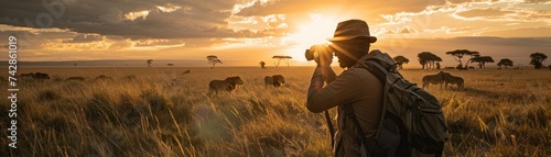 man in safari gear witnessing a majestic lion family in the Serengeti at dawn photo