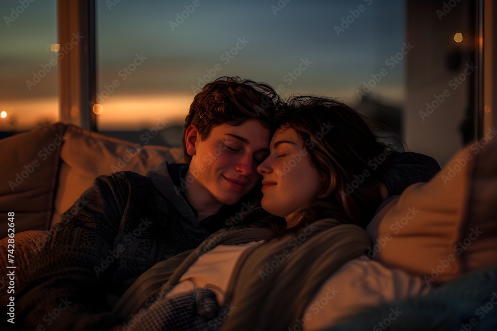 A couple lies down embracing each other while gazing at the city view in the evening, Romantic Embrace at Dusk A City View