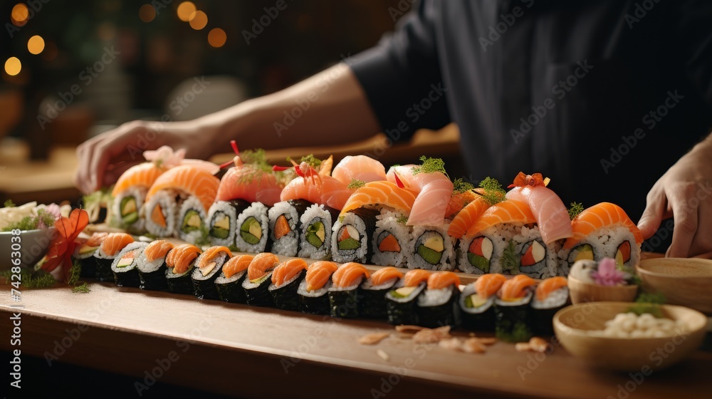 Man Cutting Up Sushi on Cutting Board Man Cutting Up Sushi on Cutting Board