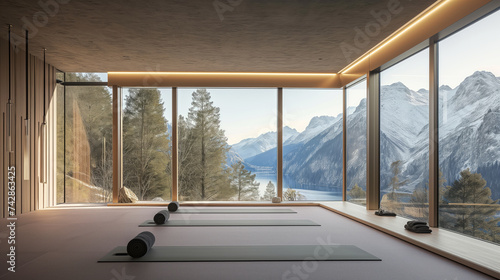 Yoga mats in serene room with sunset mountain view. Wellness and tranquility concept Generative AI © ImageFlow