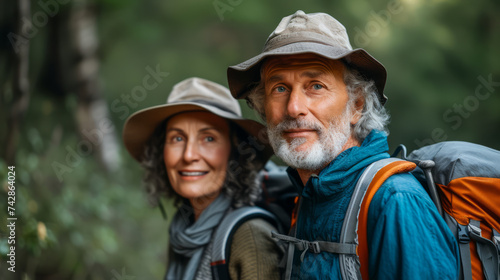 Two elderly people wearing hats and equipped with backpacks  smiling and looking into the distance  with a blurred nature background suggesting an outdoor activity. Ai generative