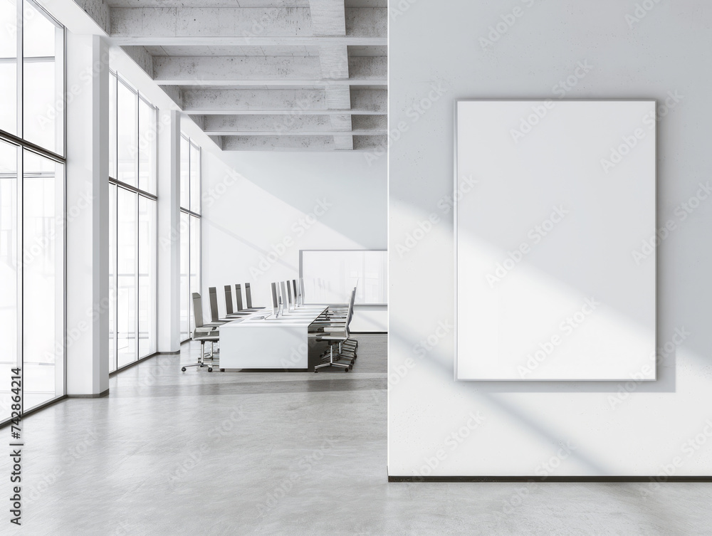 An office interior with a blank billboard on a wall, concrete elements, and sunlight filtering through windows. Ai generative illustration An office interior with a blank billboard on a wall, concrete elements, and sunlight filtering through windows. Ai generative illustration