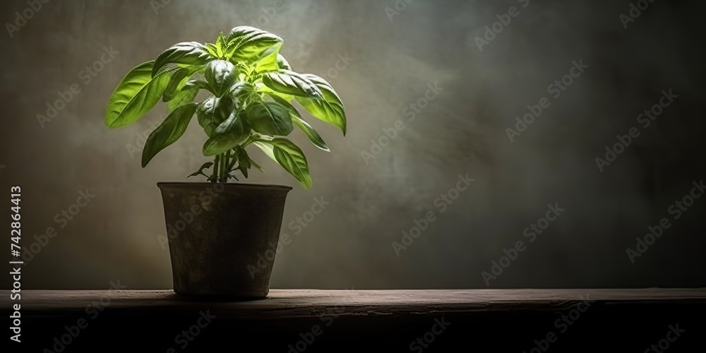 Green herb plant flower vegetable in pot vase. Basil decorative mock up scene vintage colors view Green herb plant flower vegetable in pot vase. Basil decorative mock up scene vintage colors view
