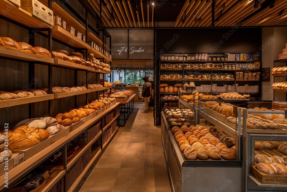 Charming Bakery Display with Assortment of Freshly Baked Bread, Pastries, and Cakes