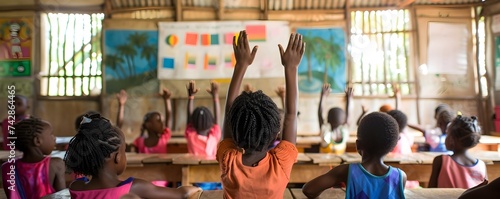 African Children Raising Hands in a Vibrant Classroom