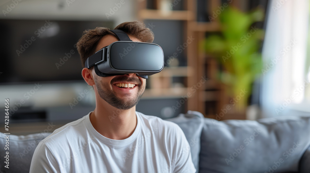 A man wearing VR headset smiles while experiencing virtual reality at home. Ai generative A man wearing VR headset smiles while experiencing virtual reality at home. Ai generative