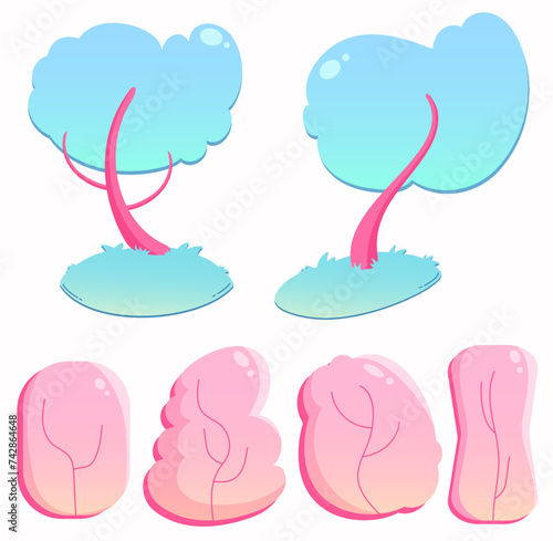 Colorful vector set with various trees and bushes in flat style with gradient. Free-form plants in hand-drawn style
 photo