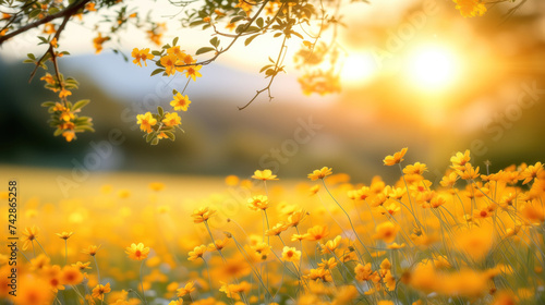 Golden Hour in the Wildflower Meadow. Sunlight filtering through vibrant yellow wildflowers at dusk. © Anna