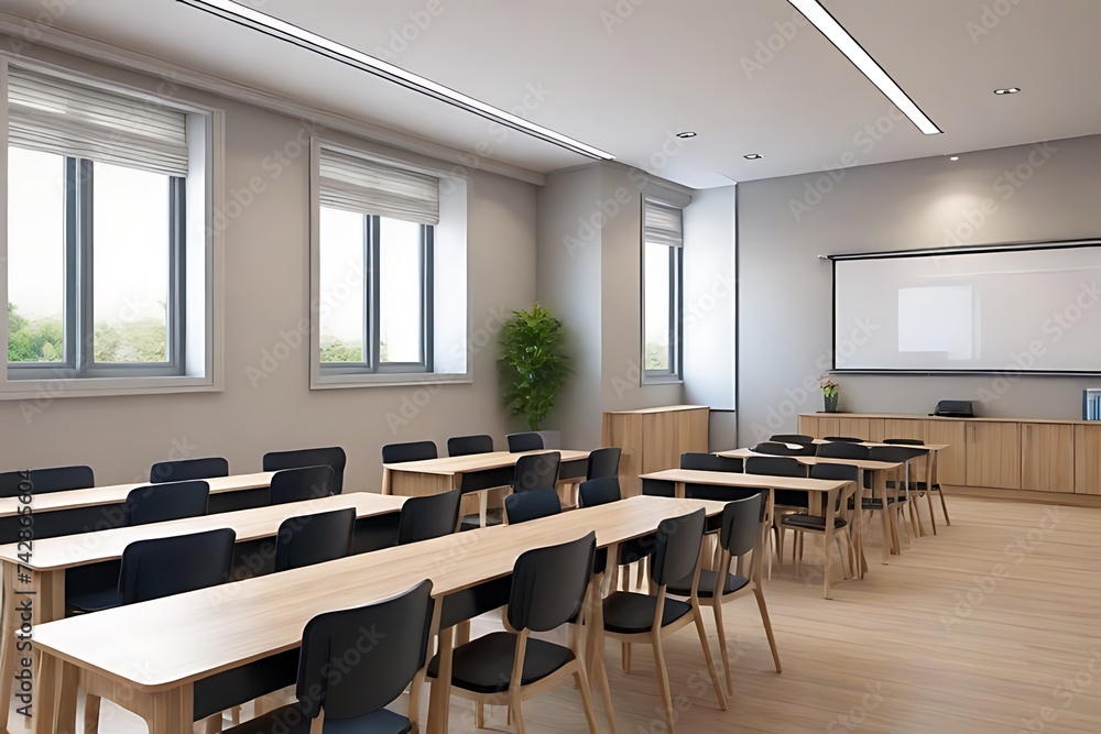 Interior of modern office with white walls, wooden floor and rows of white tables with chairs.