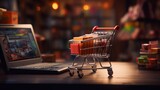 Online shopping concept with miniature shopping cart standing in front of laptop
