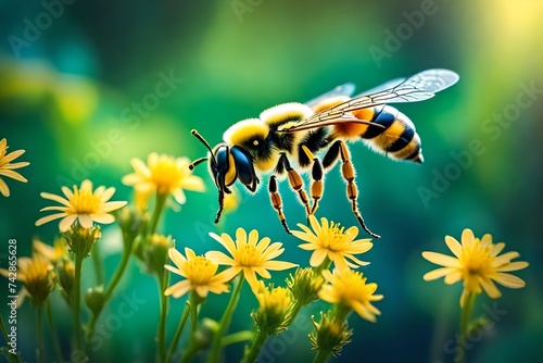 Small yellow bright summer flowers and bee on a background of blue and green foliage in a fairy garden. Macro artistic image. Banner format © MSohail