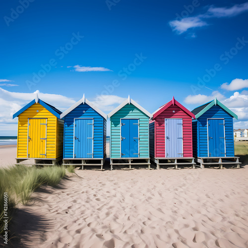 A row of colorful beach huts against a blue sky.