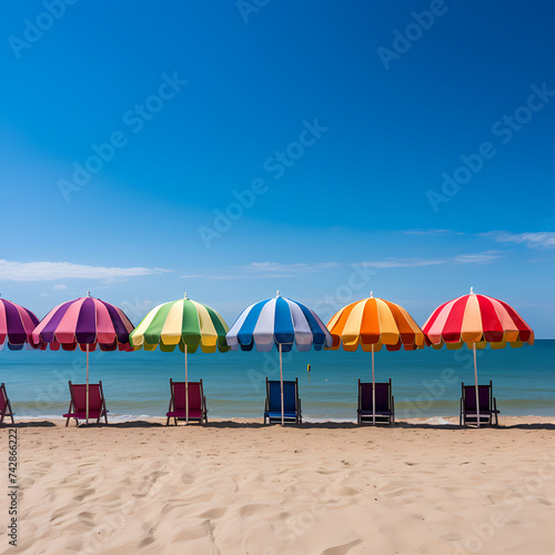 A row of colorful beach umbrellas on the shore. 