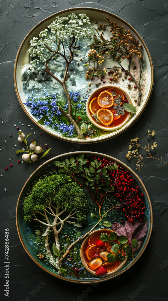 An artistic depiction of the four seasons through four distinct and themed appetizer plates