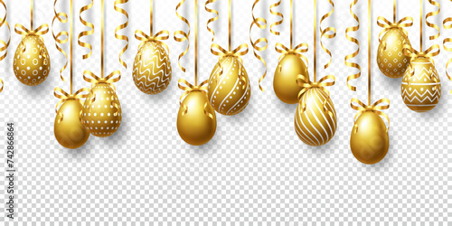 Vector seamless frame of golden 3D Easter eggs with bows and serpentine isolated on a transparent background. Easter holiday elements for banner, card, invitation.