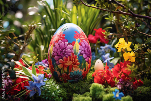 A vibrant Easter egg nestled among blooming spring flowers in a lush garden, with ample space for festive messages.