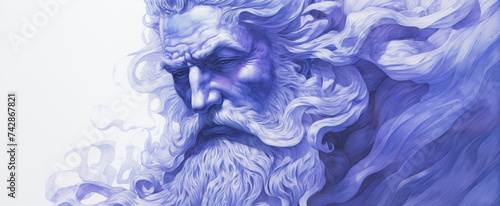 Monochromatic blue illustration of a godly figure, exuding wisdom and power, with flowing beard and hair
