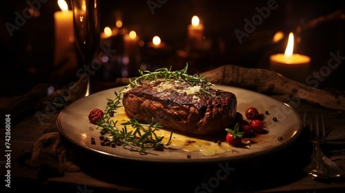 Juicy beef tenderloin steak with savory butter and aromatic herbs on elegant dark background