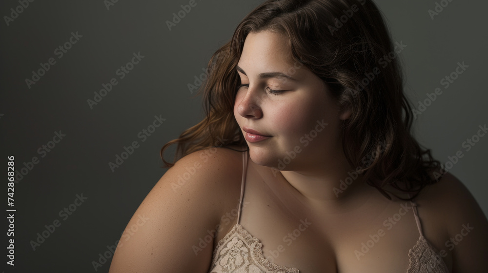 Confident Plus-Size Model in Elegant Lace Lingerie on a Pastel Background Confident Plus-Size Model in Elegant Lace Lingerie on a Pastel Background
