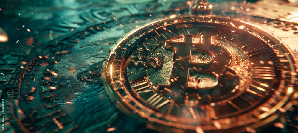 A brilliant golden Bitcoin is central in this image, symbolizing digital currency's wealth and tech dominance, situated on circuitry, hinting at complex blockchain technology