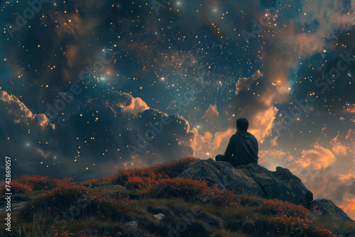 Man watching stars on a hill with the sky behind him.
