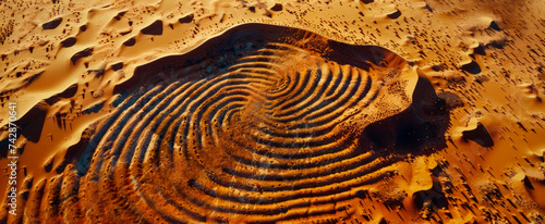 Aerial view of a desert, human-made structures etched on sand, hinting at human impact on natural landscapes, wide panoramic view