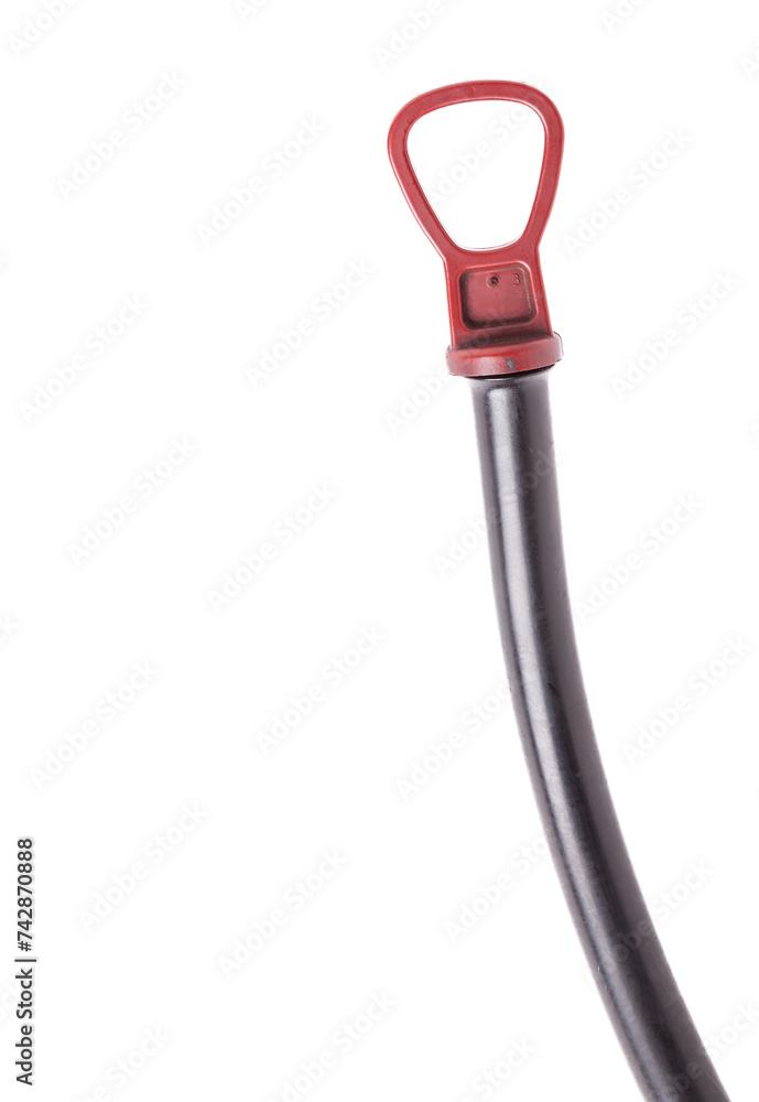 The dipstick for measuring the engine oil level in black with a red handle close-up on the white isolated background. The standard device is stored under the hood of the car. The dipstick for measuring the engine oil level in black with a red handle close-up on the white isolated background. The standard device is stored under the hood of the car.