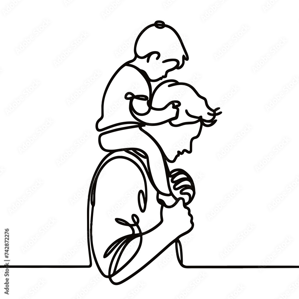 The father put his child on his shoulders, line drawing style
