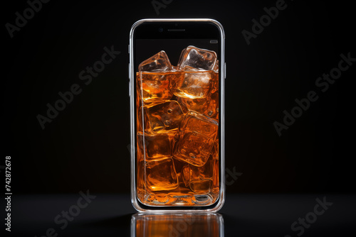 Translucent cell phone filled with Whisky over ice, or "on the rocks"