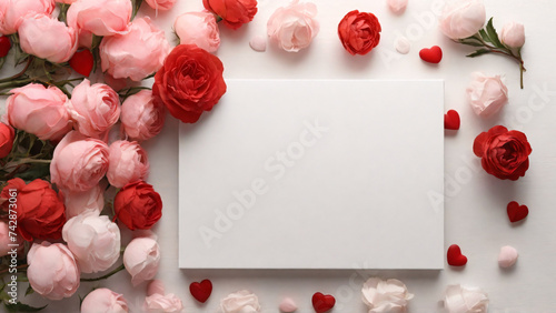Beautiful roses and blank card on white wooden background, flat lay, top view