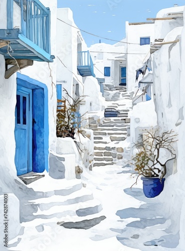 A painting featuring a narrow street lined with blue doors and steps. The architectural elements create a charming scene in this artwork. © pham