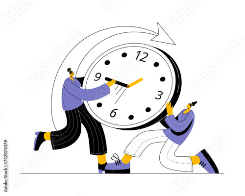 The character is trying to stop time. Vector illustration concept on the topic of time management.