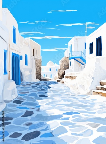 A painting depicting a street lined with buildings painted in shades of blue and white, showcasing architecture in a serene setting. © pham