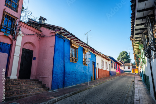 Historical colonial buildings in La Candelaria neighborhood in Bogota, Colombia