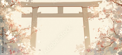 spring season artful background, shrine gate entrance with cherry flower blossoming, Ai Generated photo