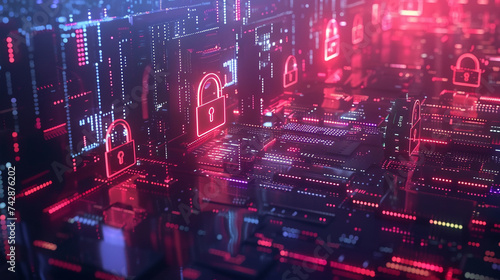 A 3D animated scene featuring intricate digital locks and encrypted codes to signify high tech security measures