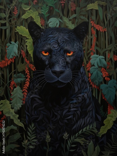 A painting featuring a fierce black panther surrounded by lush green plants in a jungle environment. © pham