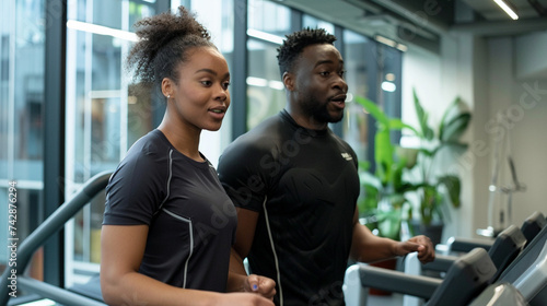 A man and a woman working out together in a modern gym setting