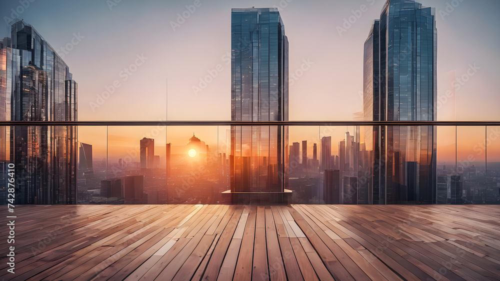 Empty wooden deck with modern skyscrapers in the background at sunrise