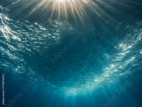 Underwater view of the sunbeams shining through the water surface © wannasak