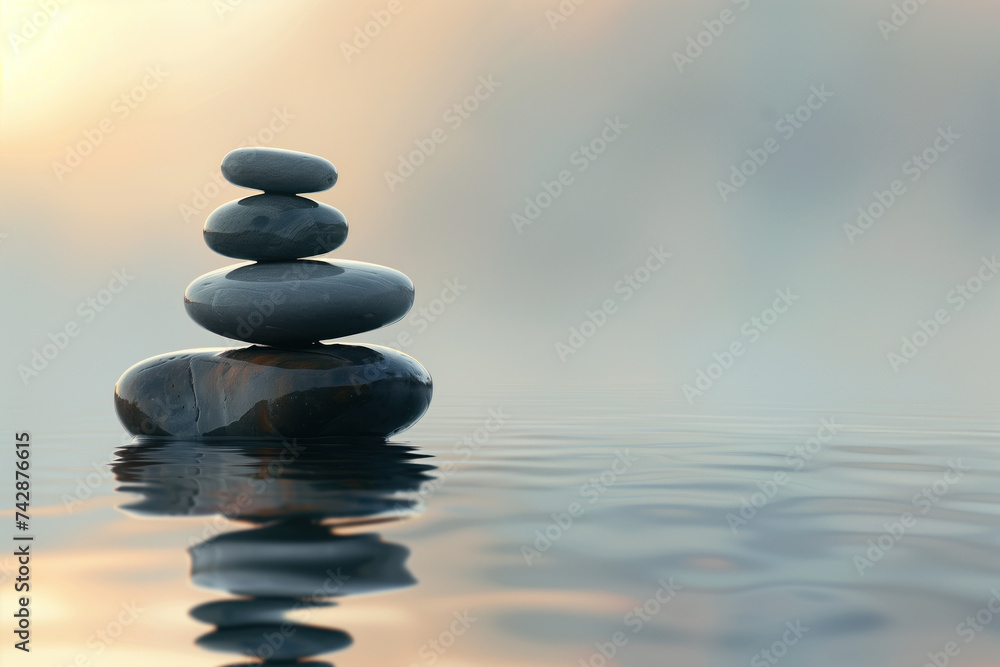 Zen stones in water. A slide background for showcasing wellness and meditation. Background image. Created with Generative AI technology.