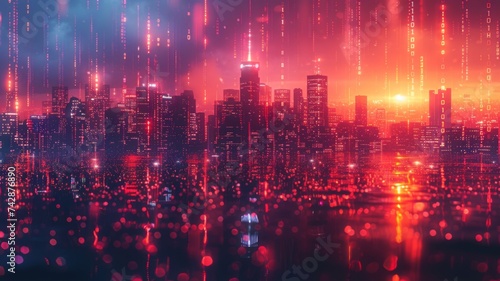 Futuristic city skyline at dusk silhouettes of advanced skyscrapers against a neon lit sky binary code raining down like digital rain sci fi atmosphere