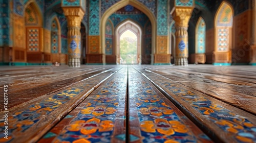 Wooden floor in the mosque, oriental style, selective focus © HA