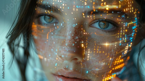 Close up of a cyborgs face half human half machine with binary code flowing across the skin reflecting a futuristic interface set against a sci fi laboratory background photo