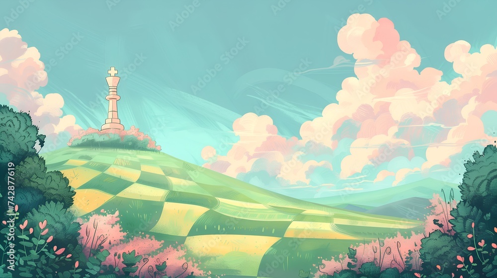 Cartoon Chess King piece standing on the chessboard colorful fields - wallpaper background with beautiful landscape in anime style