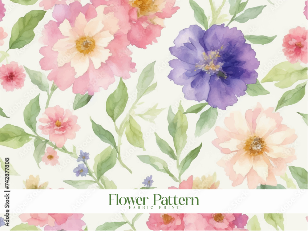 Seamless Watercolor Floral Blossom Botanical Texture Painting Flower Pattern Drawing white Fabric Print Nature Background Illustration vector file.Spring Pink Color Plant Painting Wallpaper Design